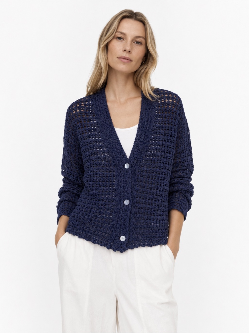 Vince Open Knit Organic Cotton Cardigan Navy Blue Coastal Quiet Luxury M